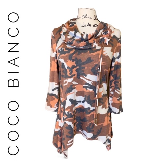 Coco Bianco Orange Brown Camo Fall Tones Cowl Neck Tunic 3/4 Sleeve NWT Size M - Picture 1 of 16
